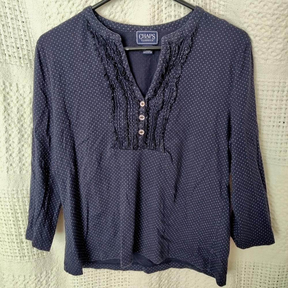 Chaps XL Navy Polka Dot Long Sleeve V Neck Blouse with Button Ruffle Det…
